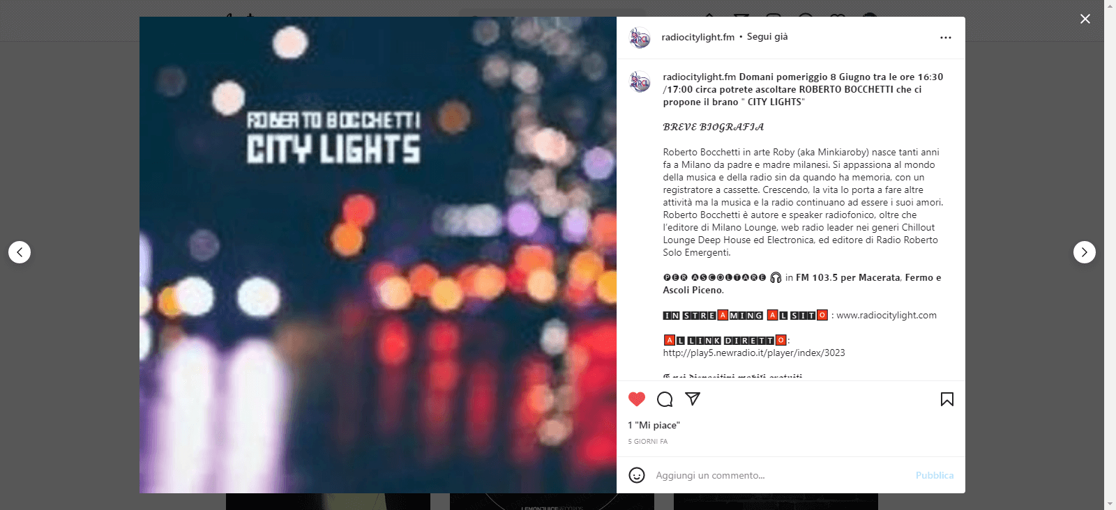 Grazie! a Radio City Light FM 103.5 che ha trasmesso in anteprima nazionale CITY LIGHTS, il nuovo singolo di Roberto Bocchetti
