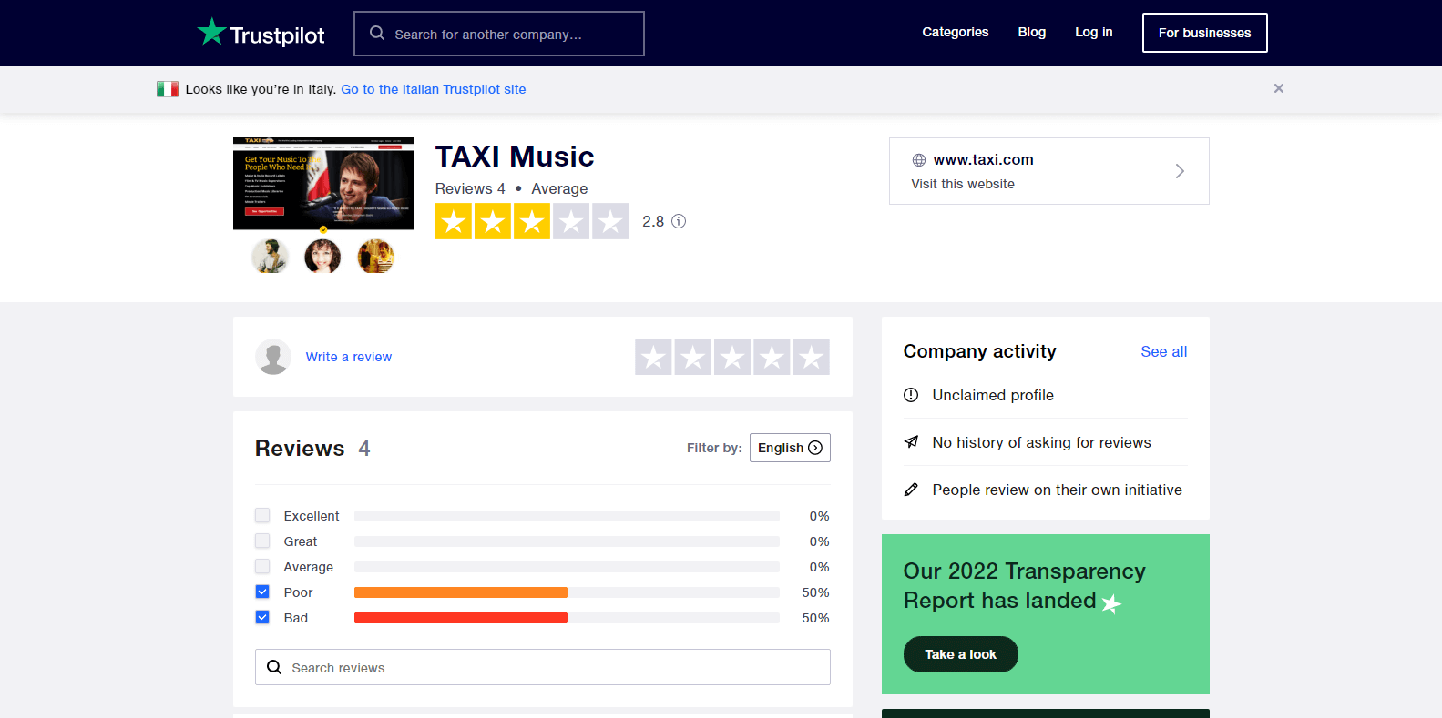Solo recensioni negative su Trustpilot per taxi.com, NESSUNA RECENSIONE POSITIVA